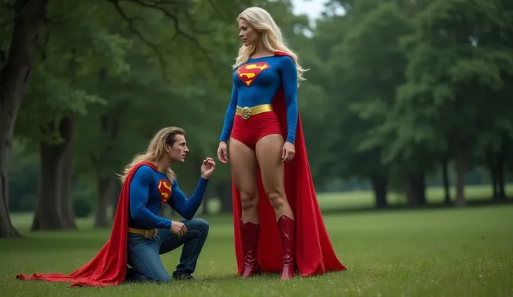 Supergirl full body on top of Black Park Country Park(((1984 Supergirl movie Helen Slater Costume full body; Supergirl: 1.65 tall; 59 kg; big butt; big boobs; long blonde hair; 40 years old.))); Supergirl(((Supergirl 60years old/big and big breasts/ strong...