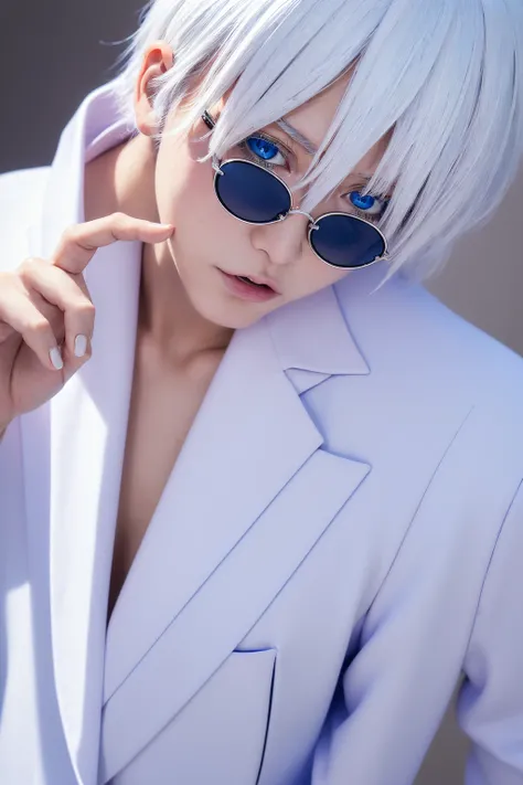 (  Masterpiece  ,  top quality: 1.2), (((Satoru Gojo,  white hair,  blue eyes, White eyelashes,  white skin))),  1 boy, round sunglasses, cowboyshot, sharp face, gloss eyes, black  suits,best quality, masterpiece, ultra high res, standing, Finger gun, look...