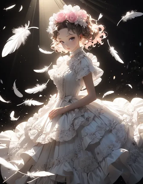 Illustration、acrylic、 Victorian Art Style 、Genius girl、 Luxurious Dress Made with Flowers 、 full-body portrait crossing the camera、 Focus on Falling Feathers 、 Spotlight Effects 、Rim Light、 Glowing Special Effects 、 bright 色、 bright 、 high chroma、 high con...