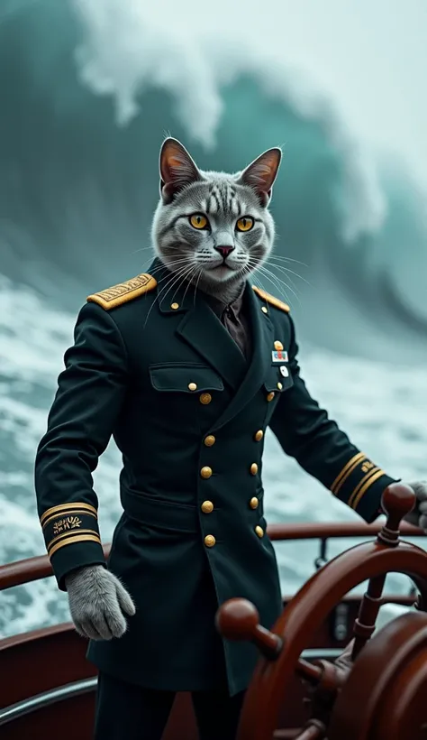 A grey bodybuilder handsome male cat wearing black ship captain uniform driving a ship in sea making shock open mouth face background heavy water wave