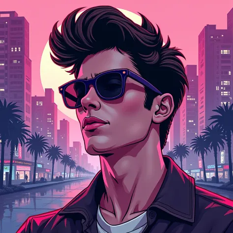  80s city pop style  、 overall purple and pink color scheme  、 Upper body of a flirtatious man in his early 20s wearing sunglasses、Perm、  Deformed Me Illustration、 Nostalgic Vibes 