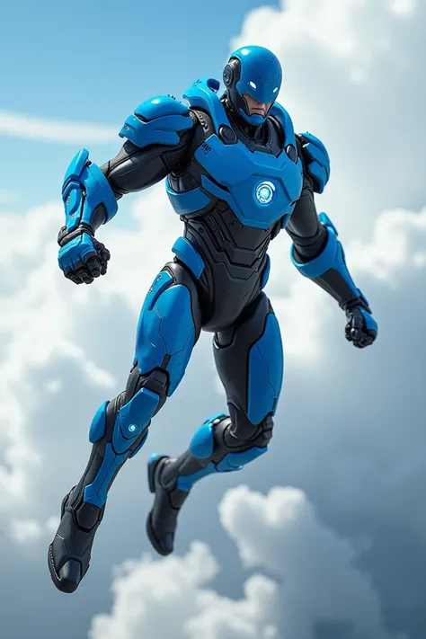 man with blue and black mechanical superhero suit,full body,flying