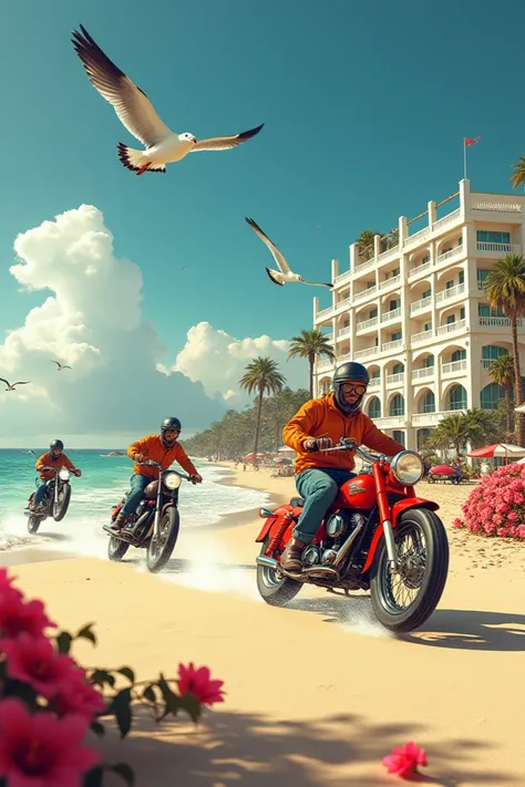 Photo dun magnifique hôtel palace méditerranéen à la façade blanche, des années 50,avec des magnifiques fleurs sur les balcons, sur une magnifique plage de sable remplie de belles fleurs, avec des magnifiques motards sur des motos des années 50, de toute l...