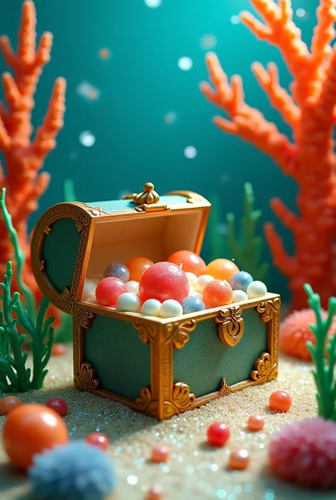 “An underwater treasure chest filled with food-inspired jewels. Pearls made of white chocolate, gemstones resembling vibrant tropical fruits like mango, kiwi, and dragon fruit. The chest rests on a bed of sparkling edible sand, surrounded by seaweed made o...