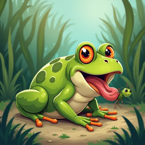  Cartoon frog eating an insect with tongues deep under the grass
