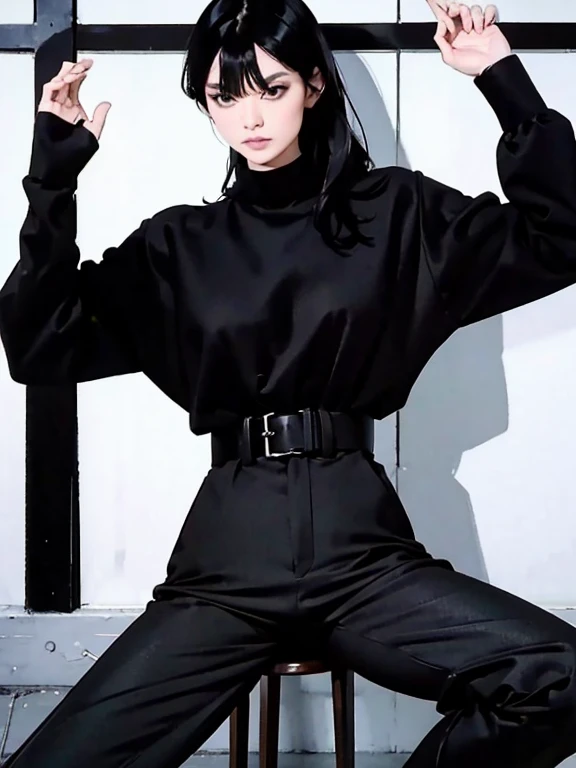 (  Masterpiece  ,  top quality:1.2)、Leaning against the wall、Woman with legs crossed, Wearing tight black clothing,  androgynous  person,  wearing black contemporary clothes ,  androgynous , Wearing black clothes, Tight black clothes, Wearing black clothes...