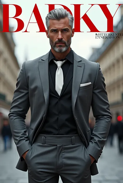 ((Highest quality)), ((masterpiece)), (detailed),Grey suit，male，35-year-old，White tie，Grey Hair，blue eyes，Black shirt，half，A magazine cover titled ＢＡＤＫＹ with the subtitle Bad KY. The cover features a stylish Ukrainian man dressed in the latest 2025 season ...