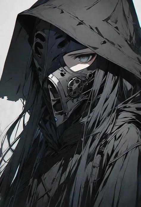 Alone,  good-looking,  1 woman ,  long hair,  black hair, Gray eyes, black coat, black gloves,  black plague crow mask,  black hoodie , Neutral expression 