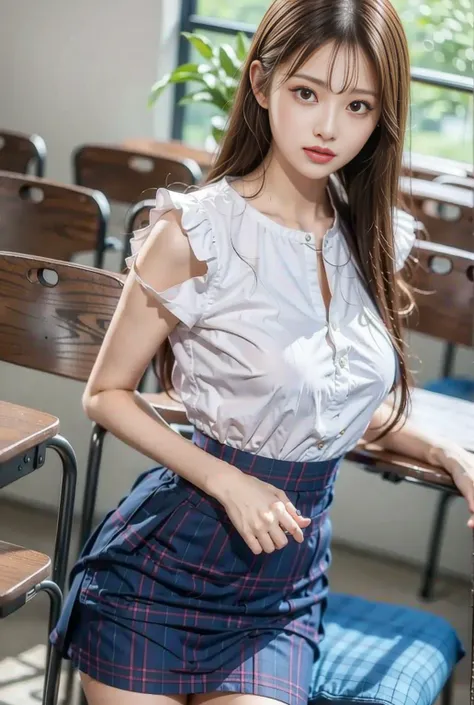 University lecture hall、woman、One person、Heavy makeup、Large Breasts、Best Breasts、Firm breasts、Beautiful breasts、Big Breasts、Busty、超Big Breasts、The torso is short、Small waist 、 butt is small 、 white blouse、 large collar blouse 、 collar is ruffle 、Sleeves ar...