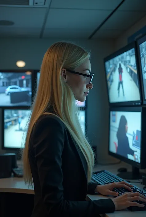 Very tall blonde woman with slightly long hair and glasses watching recordings from a schools security cameras 