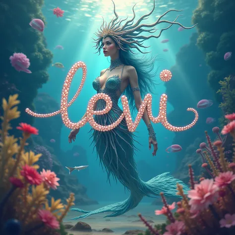 A beautiful and sexy liaviathan lady. "LEVI" is written in the foreground made of pearls letters. Colorful background,  colorful everywhere 

Colorful under the sea