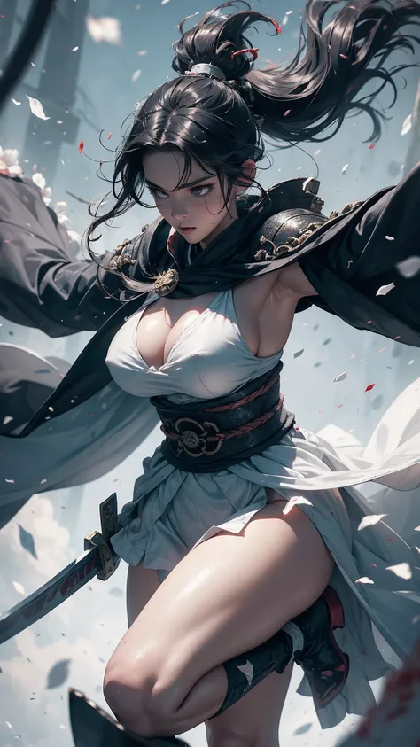  Sexy female character wearing white armor as a warrior from the Sengoku period 、((twintails, spiral curls hair))、((onyx black hair))、((toned body))、(glistening skin)、 Tight Body 、((mega breasts 1.8))、 plump breasts 、 plump thighs 、 The white armor with th...