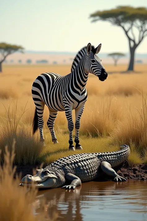 A detailed and realistic scene showcasing a zebra and a crocodile in their natural habitats, without any interaction. The zebra stands gracefully in a grassy savanna, its striking black-and-white stripes contrasting with the golden plains and distant acaci...