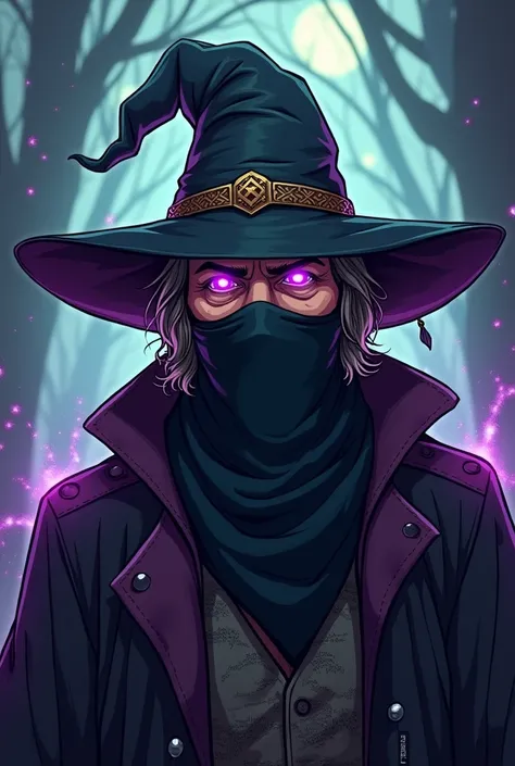 A man like the actor Mads Mikkelsen with a black mask covering half of his face, with a wizard hat and showing only his purple mistic eyes. Dressing in all black, with old clothes. Cartoon RPG illustration like