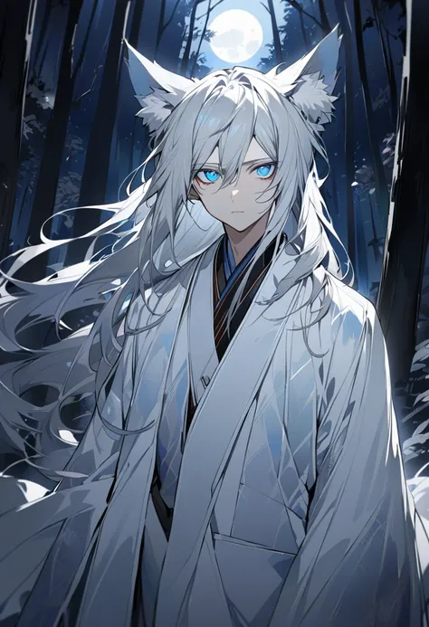  handsome, Alone, 1 male,  long hair,  silver hair, light blue eyes,  kimono, White jacket, wolf ear,Wolf&#39;s Tail, No Emotion,Moonlight,forest,front, Watch Viewers, sharp eyes reflect the scene, Silverhair , with few accessories ,Nice appearance 