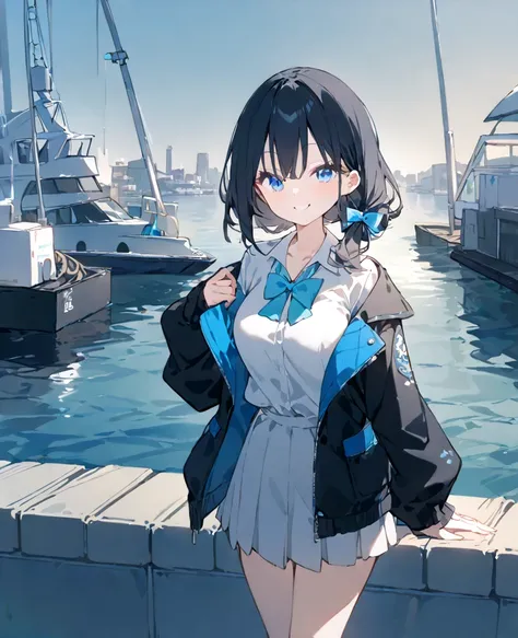  a short skirt is blue, her shirt is white, and a black jacket、Blue eyes、Long black hair。smile。A high school girl wearing a small bow in her hair 。Breasts are normal size。Standing at the harbor 。