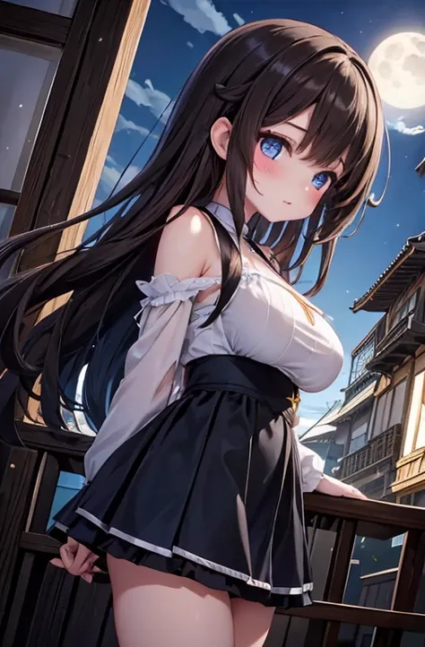  1 Woman 、whole body、  lower angle 、 brown hair、 long hair、 well-prepared face、Black Lips、 blue eyes、 blue dress 、valley、 slim、 miniskirt、Kyoto、Old Building、  knight 、full moon、  Masterpiece  、 super high resolution、delicate、 Complete、sunlight、16k, big bre...