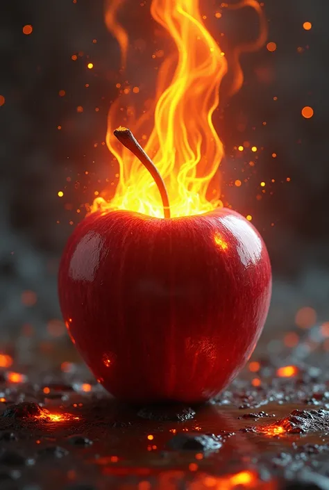 Fiery lava is coming out of the apple.