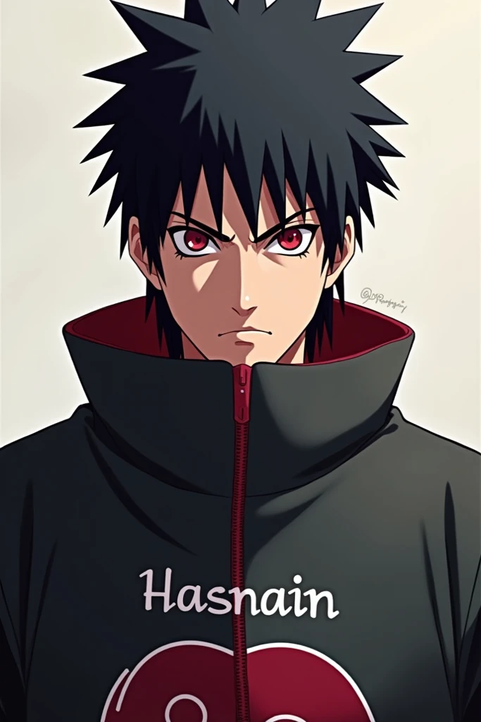 Madara uchiha with short hai with hasnain named on shirt