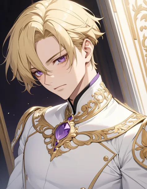 masterpiece, Top quality anime illustrations, Very detailed, Extreme details, 16k, 2.5D, Delicate portrayal, 1 male youth, 25 years old, Blonde short hair, Purple Eyes, Proud Prince, Finely minced bangs, Attractive appearance, Cold expression, Optimal body...