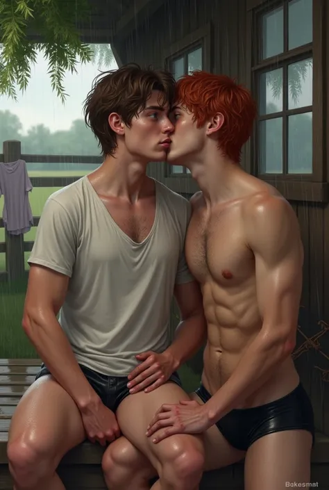 realistic, Young man,  brown hair ,  Blue Eyes, freckles,  wet white t-shirt without underwear,  wet hair, hug,tongue kiss,  another red-haired man , black underwear, Under the tree ,  fence with clothes hanging , farm, cowboy hat,, Room, windows, naked, r...