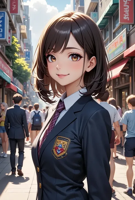  cute high school girl,  dark blue blazer ,  shirt , checkered necktie,  check pleated skirt, whole body:1.6, Main Street, kinennsatuei  