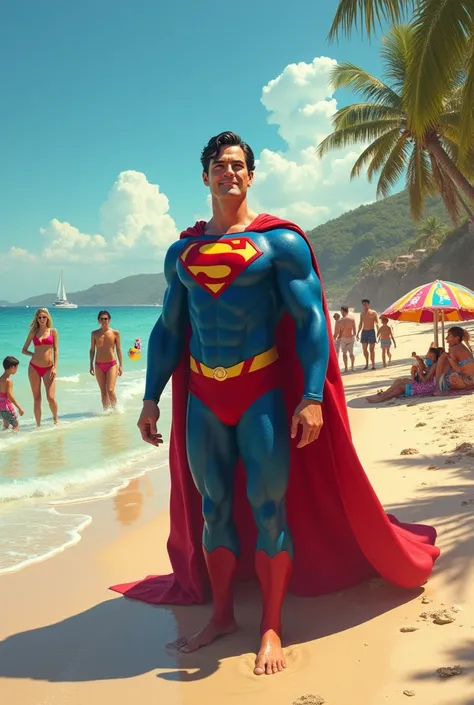 Superman at beach vacation enjoying and chilling with people 