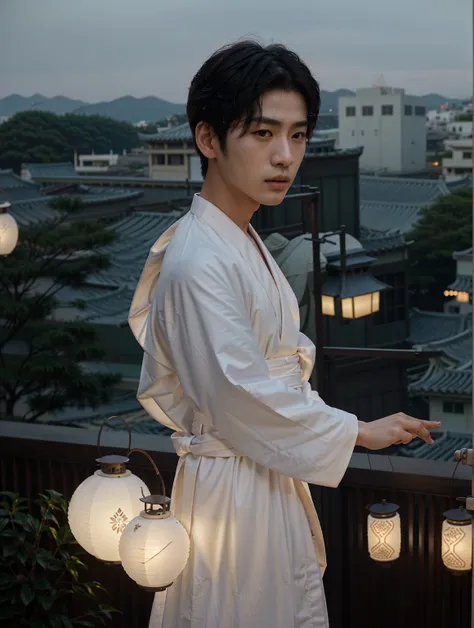 arafed asian man in white robe standing on balcony with lanterns, inspired by Zhang Han, white hanfu, south korean male, holding a lantern, cai xukun, still from a live action movie, kim doyoung, male ulzzang, inspired by jeonseok lee, wearing a simple rob...