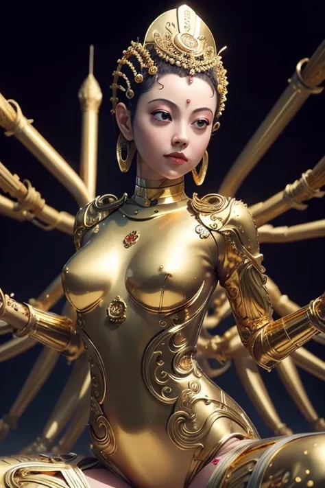 ((super-real photography: 1.5)), (photo realistic: 1.3),
break
female android, ((Bodhisattva)), metalic breastplate, mechanic Buddha statue,(Buddha image have a Thousand-arms: 1.5), 
break
Archaic smile, (beautiful face: 1.5), well-balanced face, endured f...