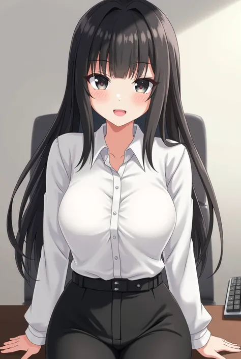 A desk :1.5)0.9], ( anime style :1.2) ( long black hair :1.1) ( Detailed, half-open black eyes:1.2) (white shirt,  comes out black and black pants :1.0) ( sitting on the office desk :1.0) (smiling:1.1) (Madura:0.9)