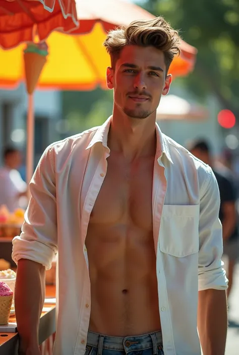 A tall, hot, handsome, muscular young man in his 20s works as an ice cream truck operator, serving customers from the bright, colorful truck on a hot summer day. His smooth white skin shines in the sunlight, and his strikingly handsome features—high cheekb...