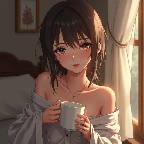 girl after sleeping in a mens shirt , bare shoulder, holds a mug in her hands , looks into the eye and bites his lip in an anime style romantically