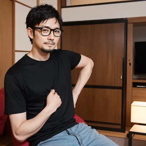  wearing a black t-shirt 。 The background is the living room。 Japanese man wearing Kurobuchi glasses。No beard。Please generate an illustrated photo 。