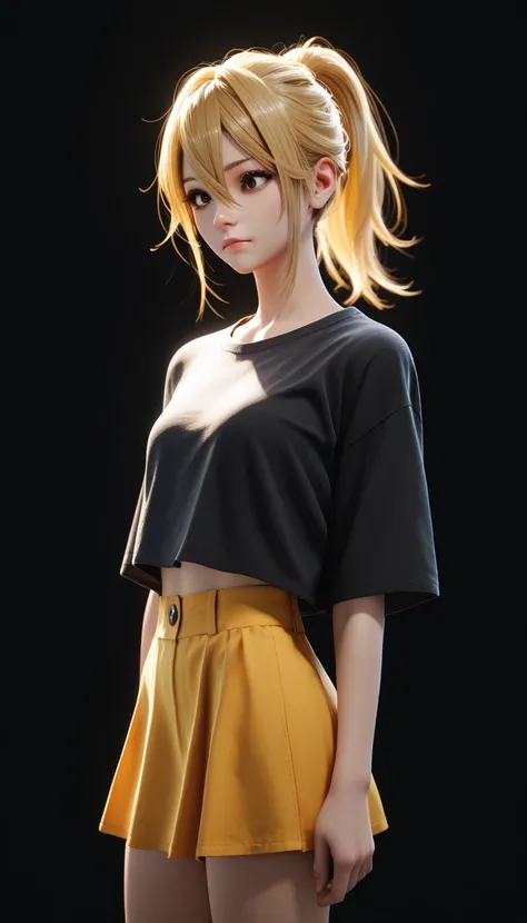 Casual Costume, 1 girl, Yellow Hair, Brown Eyes, Hair Between Eyes, Ponytail, Short Skirt, 3D Cartoon, Black Background