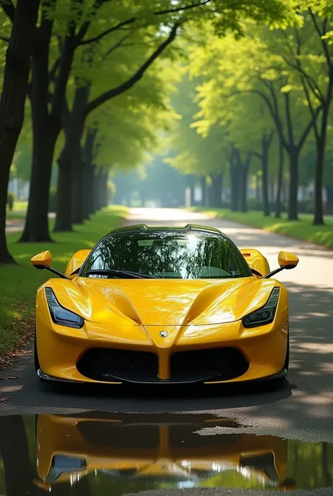 ( better quality ) a yellow sports car in the background of a park 