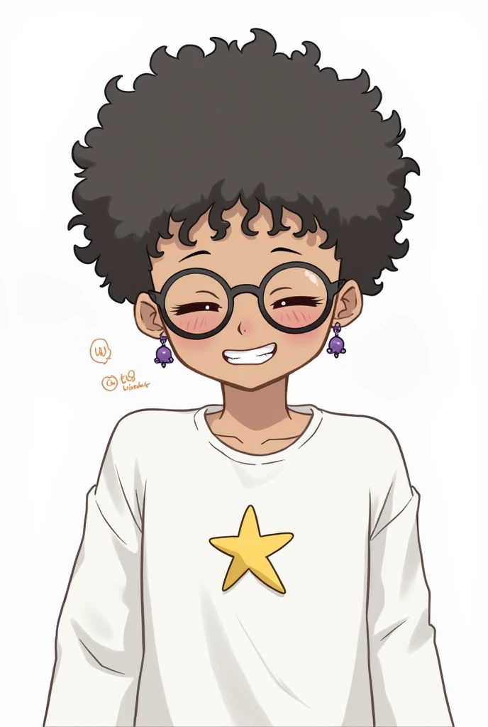 1boy,1girl,2girls,afro,bangs,big hair,black-framed eyewear,black hair,blush,brown hair,closed eyes,curly hair,dark skin,earrings,freckles,glasses,grin,long sleeves,mole,multiple girls,shirt,short hair,simple background,smile,star (symbol),star print,starfi...