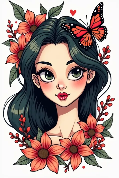 cartoon of an adult mermaid, With the face of an adult ,  ( facing forward)  with flowers and butterflies (drawing for a tattoo , not realistic, same drawing style), in black and red colors