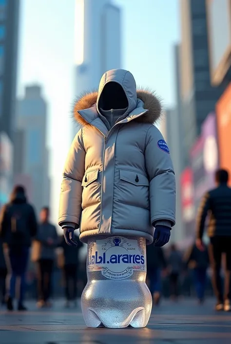 "Al FARES" brand minaral water bottle wearing a winter jacket and standing in dubai city with public crowd.