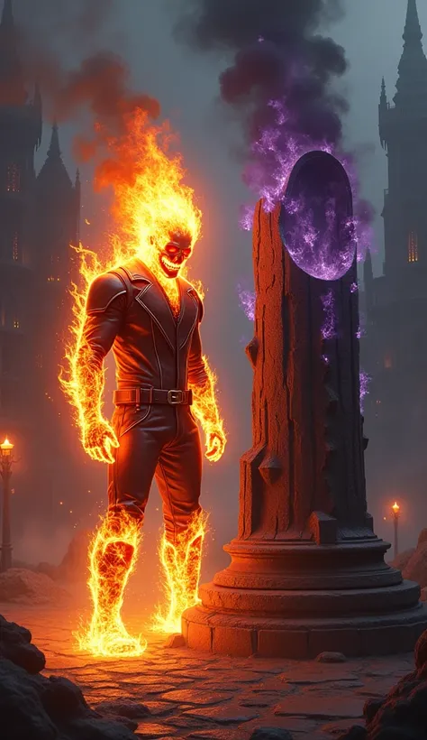 Create a dramatic scene featuring Ghost Rider with flames erupting from his entire body, glowing with intense fiery orange and red hues. His fiery skull radiates power, and his leather outfit is illuminated by the burning flames. In front of him, on one si...