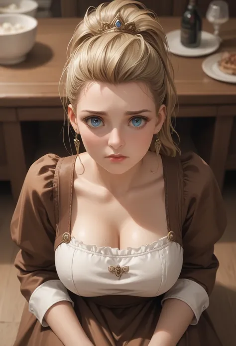 (ultra realistic,32k, masterpiece:1.2),(high detailed skin:1.1),( high quality:1.1),
(worried:1.1),ff7Claudia,blonde hair, blue eyes, ponytail, brown dress, apron, long sleeves,cleavage, Medieval  whispering willows, wispy branches, melodic whispers, encha...