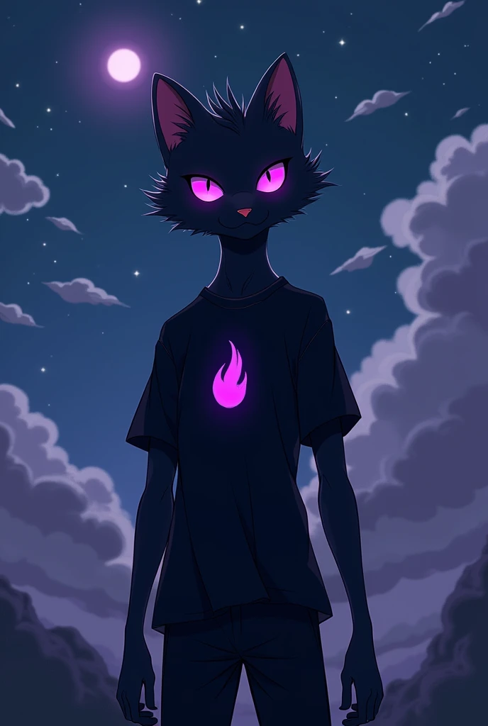 Um Furry gato com pelugem preta, being tall and thin and having paws and having purple eyes and being male and wearing a black shirt and with a small purple fire symbol on the black shirt and wearing black pants and standing in the background on a cloudy n...