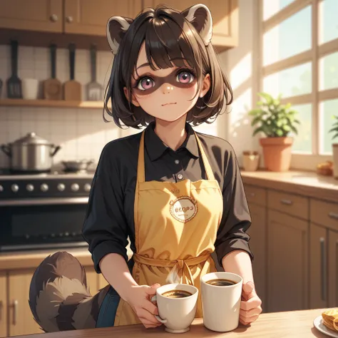 Black cute raccoon wearing a yellow coffee apron.
