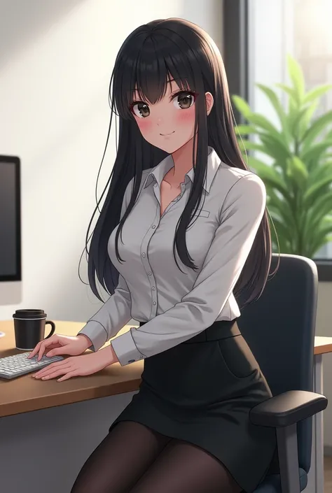 a secretary, realistic, adult, 35 years old,  detailed black eyes ,  half-open eyes long black hair , smiling, on the office table , white shirt,  black skirt and black tights ,  a coffee mug and a plant on the table