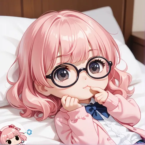 (1 Chibi Girl, Alone:1.3), cute,  Big Lowered Eyes , ( dark eyes:1.1), ( pastel pink hair :1.1),  College Student ，

，(  Masterpiece  ,  top quality,  super detailed:1.2),solo,  1 girl ,前髪結んでいる，

 with bangs tied lying down on the bed and touching my smart...