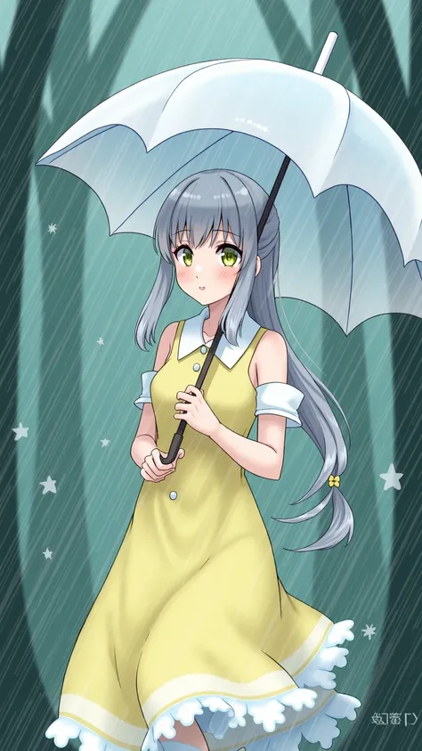  High resolution ,  high detail,  High Quality , Sea of Trees，rain，portrait，  Game Character Set ，Water Element， Climatologist ， Cute Girl ，1  ， Long Ponytail , Wearing Yellow Dress，  Wave Skirt ，Hand holding umbrella ，  Sparkle Effect , 