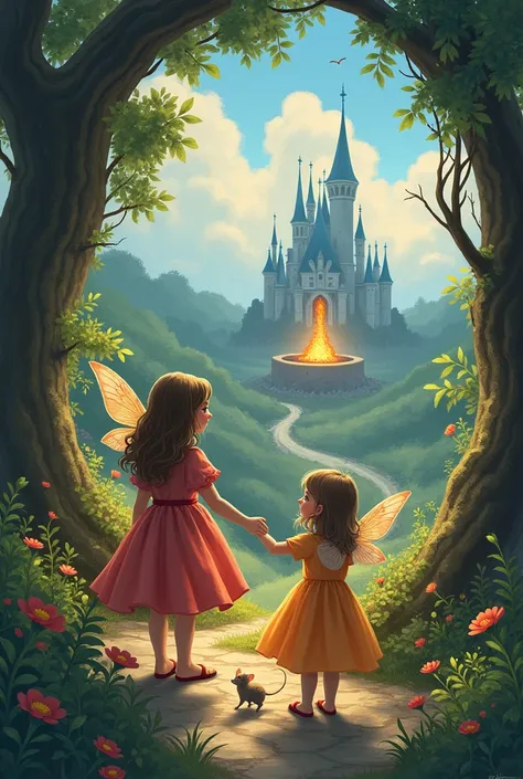 Two girls with a fairy and a mouse on a path looking at a well in the distance with fire coming out of the well and with a castle in the background
