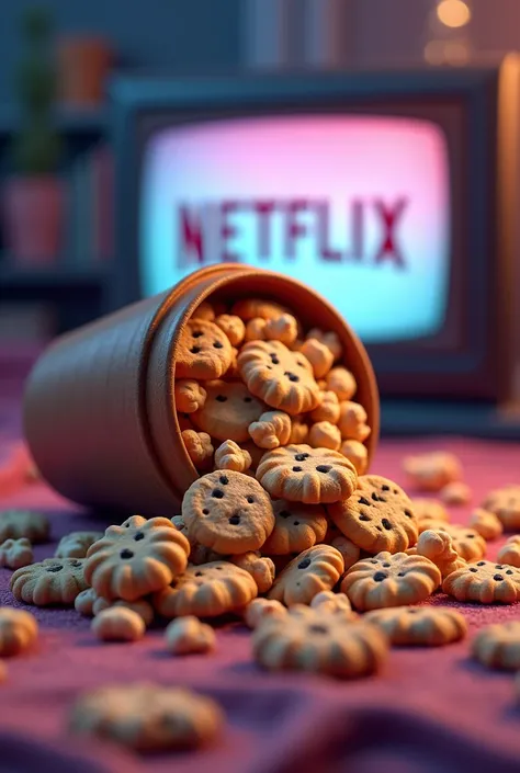 Cookies as popcorn spilling out of a tub with a Netflix-style backdrop. Add a glowing TV screen and movie tickets with cookie names.