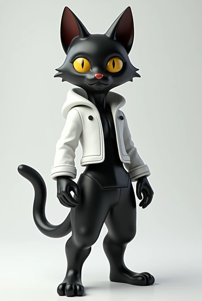 Make me a 3d image   , a black cat, high,  on two legs   ,    Black Pants   ,   tight white jacket