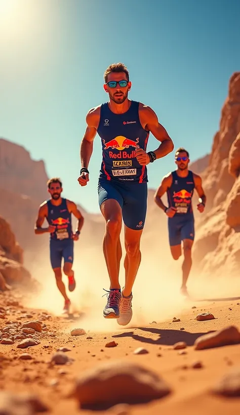 Dinamic CGI  Flyer For Triathlon in Desert,  in the style of REDBULL ADS Modern and energetic featuring Athelets