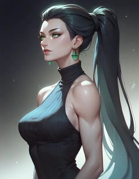 female black sleeveless tutleneck, bare shoulders, racerback, bare toned arms, beautiful faces, black ponytail with showing forehead, long ponytail, earrings, soft smooth skin, pale skin, black background, green eyes, sci-fi, assassin